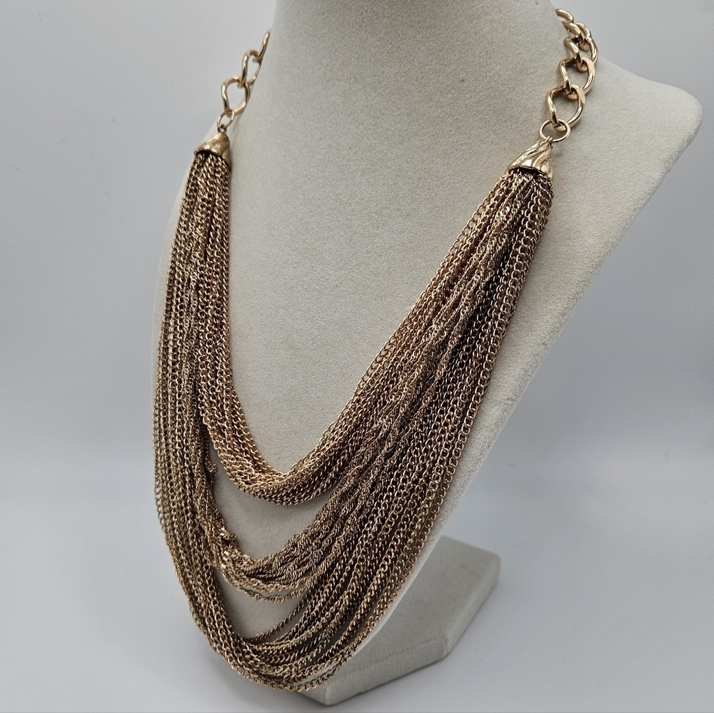 VINTAGE Gold Tone Multi Strand Mixed Chain Statement Necklace
